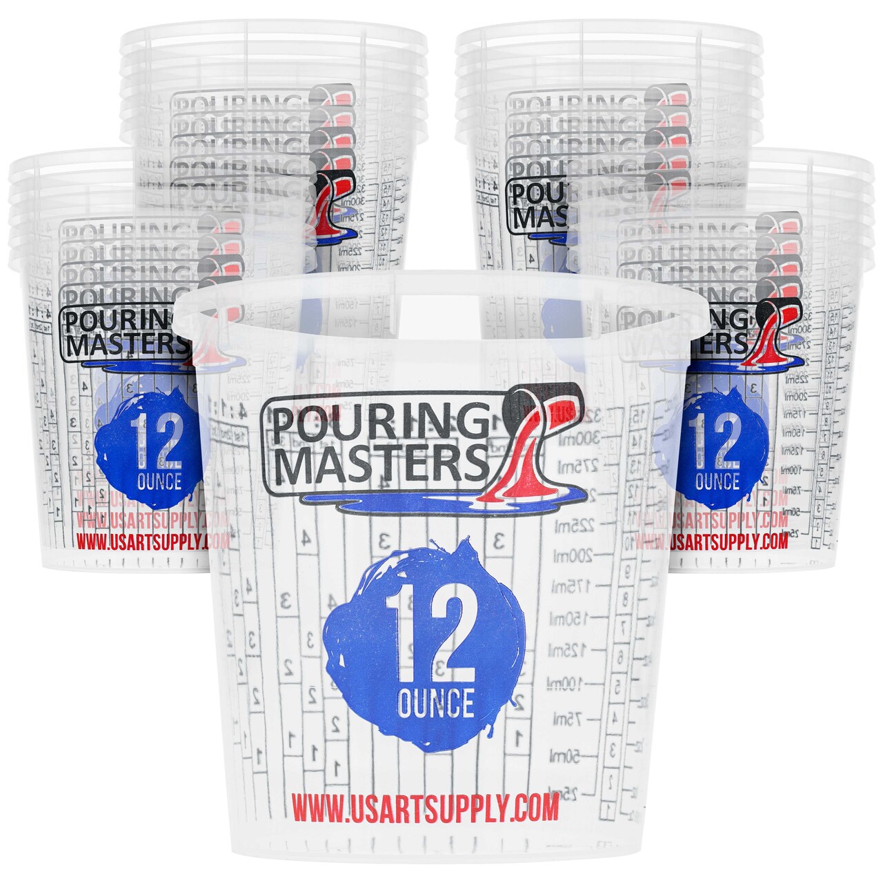 Pouring Masters 12 Ounce (350ml) Graduated Plastic Mixing Cups (Box of 20) - Paint Mixing Cups for Epoxy Resin, Art, Kitchen, Baking - Measurements in OZ and ML, 4 Different Measuring Ratios 1:1
